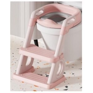 Reductor de toaleta Little Mom Pink pentru copii, pliabil, multifunctional, cu manere si suport de picioare, inaltime ajustabila 38 - 45 cm, dimensiune 40.6 x 49.2 x 27.1 cm
