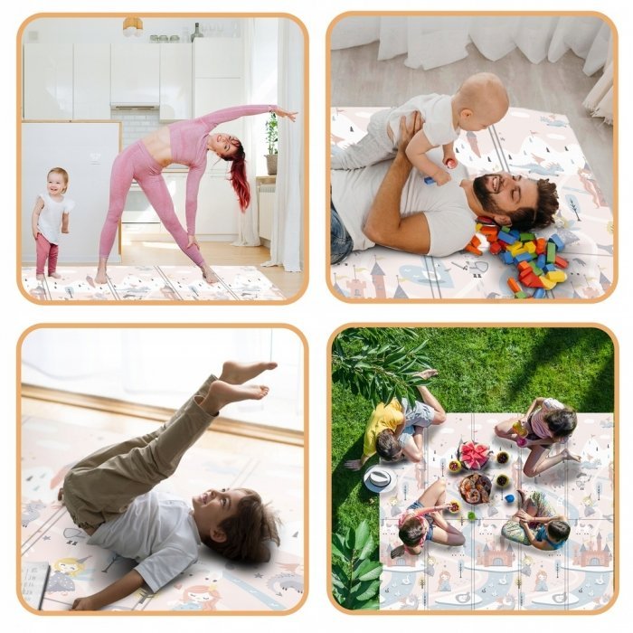 Covoras de joaca pentru copii Nukido 200x180x1 cm Castelul printesei Gri,pliabil, din spuma XPE inodor, cu doua fete – imaginea 2