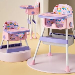 Scaun de masa pentru copii Little Mom Jungle Pink pliabil, transformabil 2 in 1, cu tavita dubla reglabila in 3 pozitii, cos de depozitare, dimensiune 66 x 62 x 87 cm,