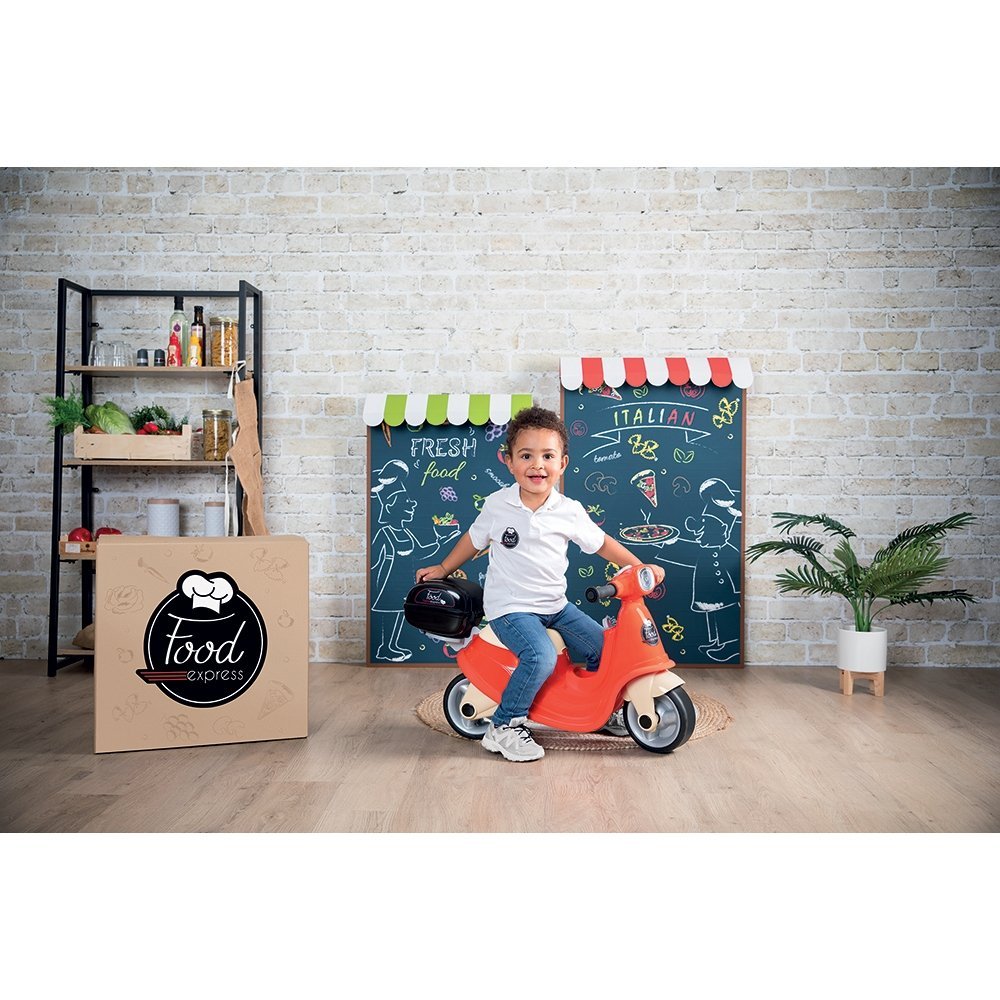 Scuter pentru copii fara pedale Smoby Scooter Ride-On Food Express rosu, dotat cu cheie ce imita pornirea reala a scuterului, recomandat copiilor incepand de la 1,5 ani, spatiu de depozitare sub sezut – imaginea 4