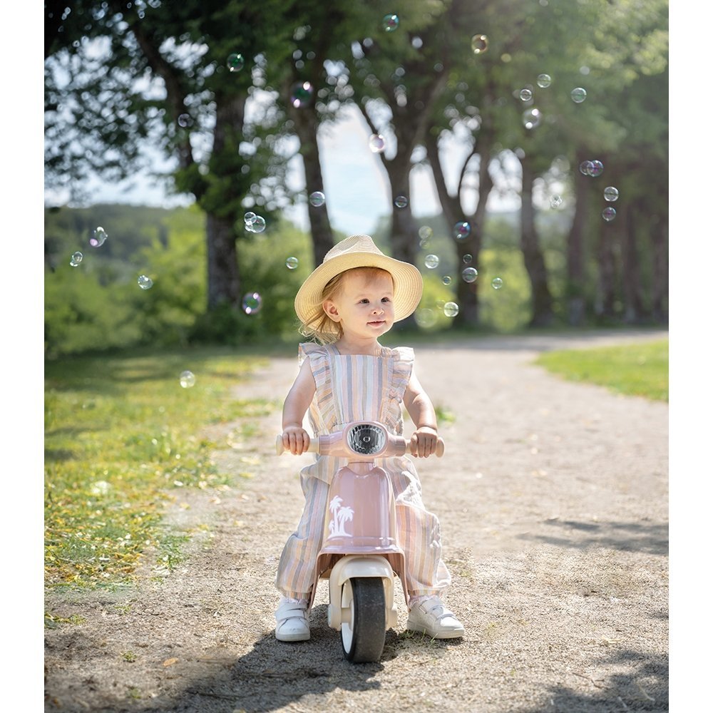 Scuter pentru copii fara pedale Smoby Scooter Ride-On roz, dotat cu cheie ce imita pornirea reala a scuterului, recomandat copiilor incepand de la 1,5 ani, spatiu de depozitare sub sezut – imaginea 5