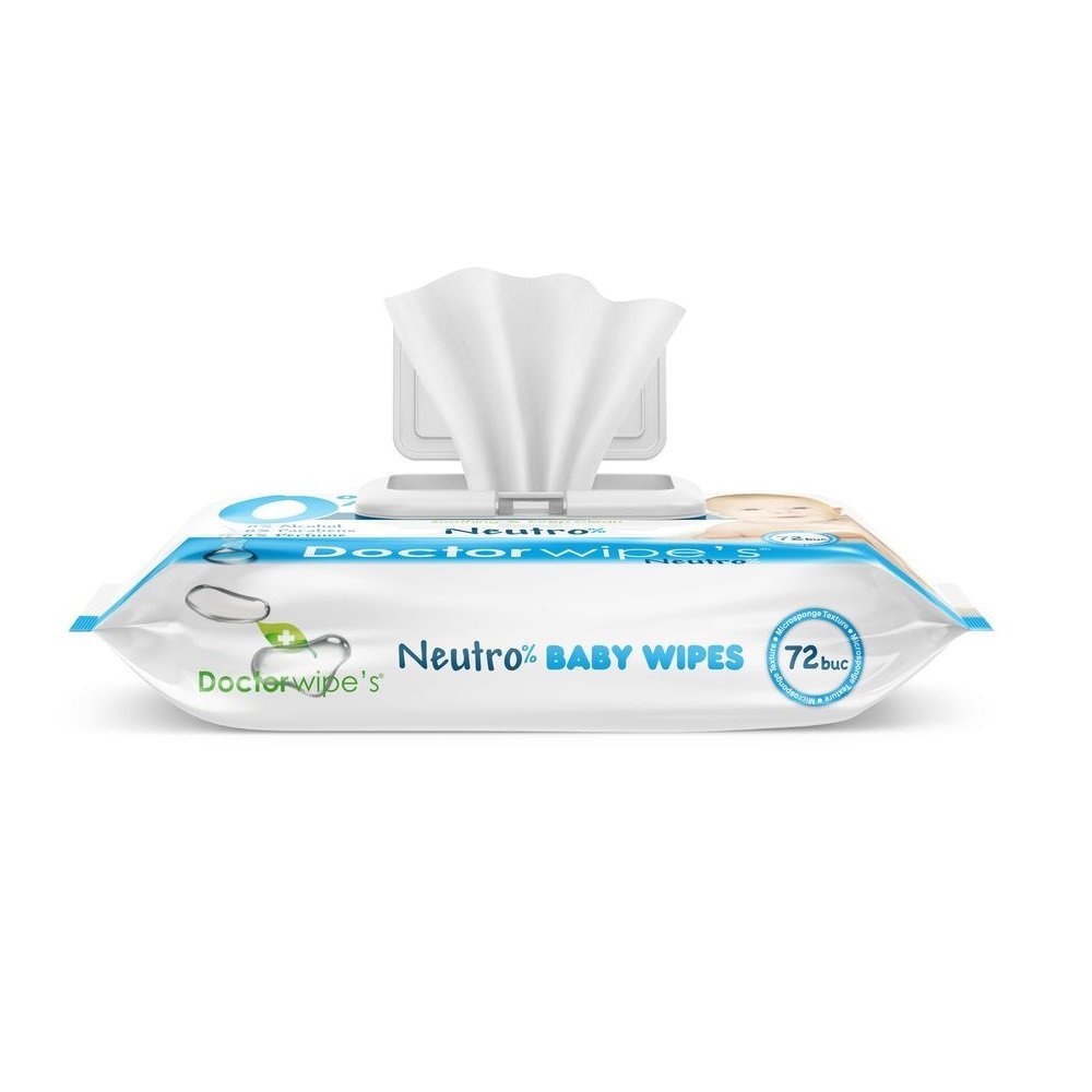Servetele umede Doctor Wipes fara alcool si parfum Neutro Baby 72 bucati in cutie cu capac – imaginea 2