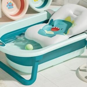 Set cadita pliabila pentru copii Little Mom Dino Green, cu pernuta bebelusi detasabila, termometru display digital incorporat, dop scurgere, picioruse antiderapante, design ergonomic,80 x 50 x 24 cm