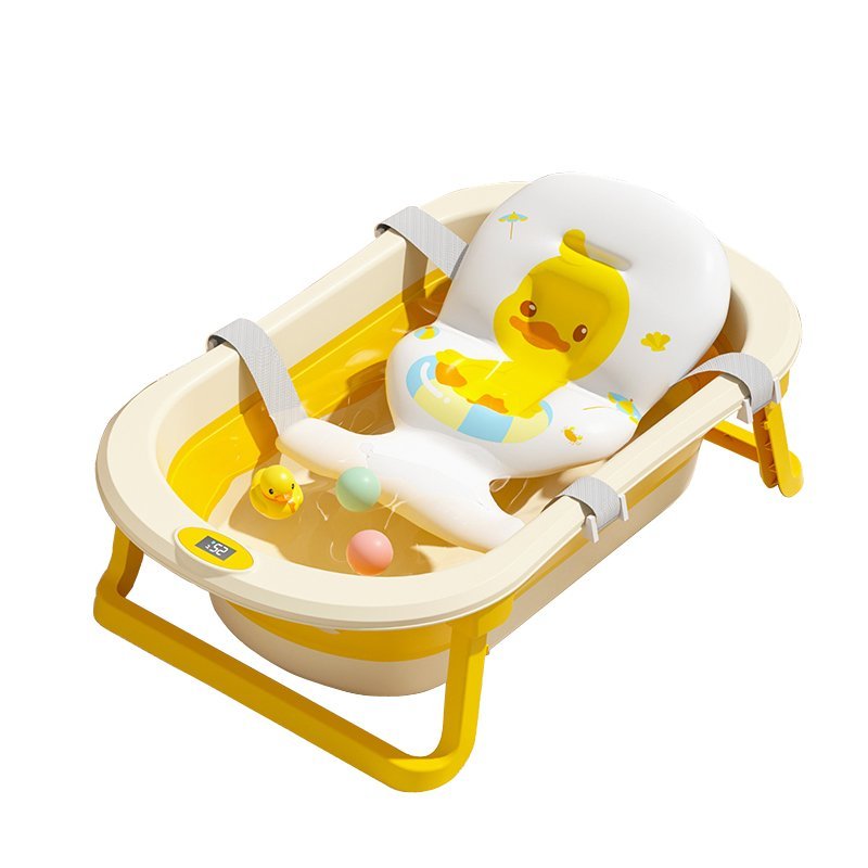 Set cadita pliabila pentru copii Little Mom Yellow, cu pernuta bebelusi detasabila, termometru display digital incorporat, dop scurgere, picioruse antiderapante, design ergonomic,80 x 50 x 24 cm – imaginea 5