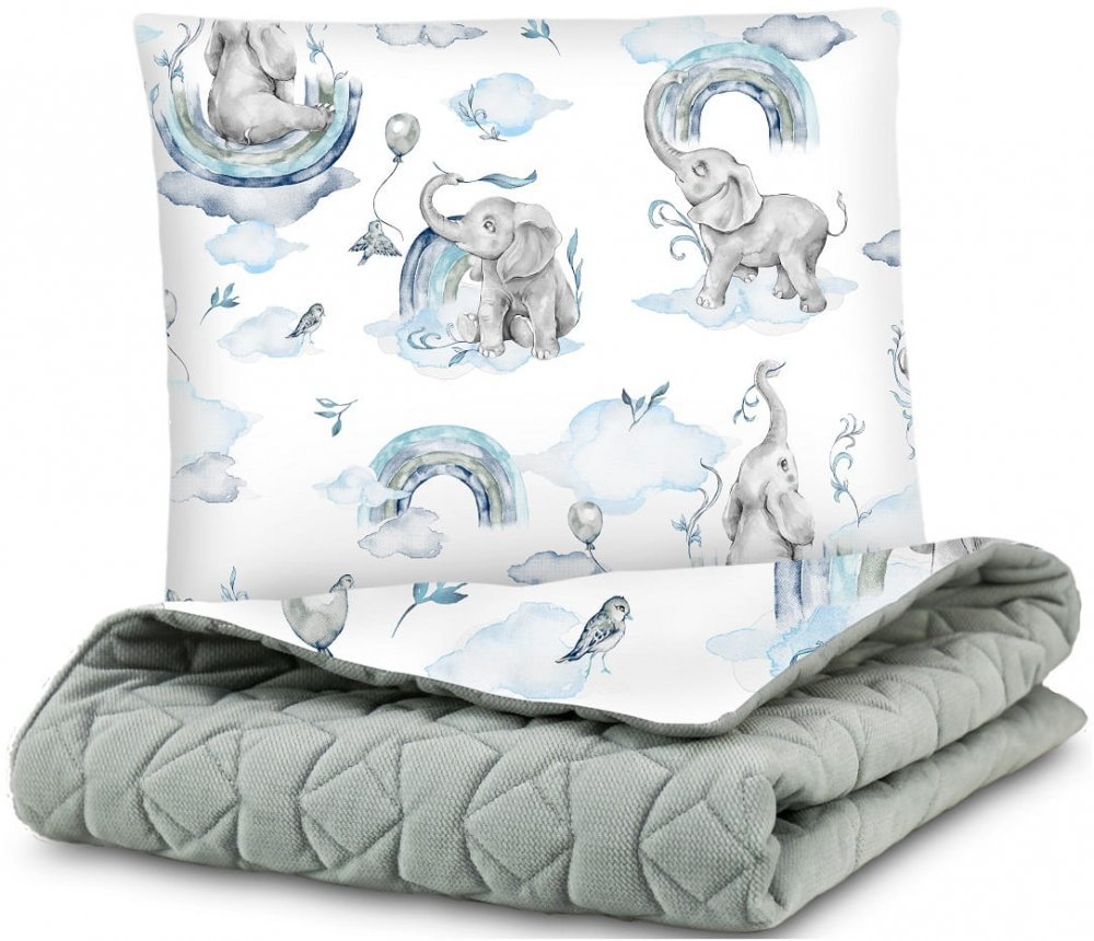 Set matlasat paturica 75×100 cm si perna 35×30 cm Minky Blue Elephant – imaginea 2