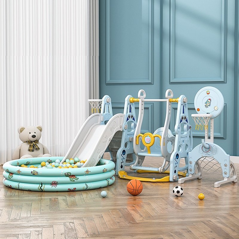 Spatiu de joaca 4 in 1 Nichiduta Garden Astronaut Blue cu leagan convertibil si bara detasabila, tobogan cu manere si trepte largi, poarta de fotbal cu minge, Piscina cu 200 bile incluse
