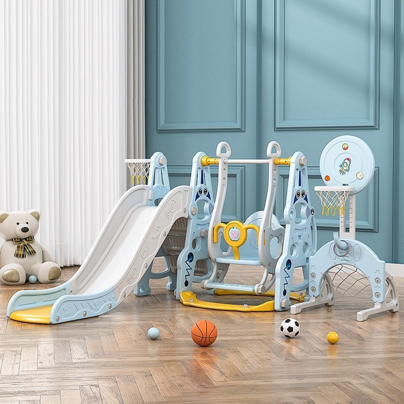 Spatiu de joaca 4 in 1 Nichiduta Garden Astronaut Blue cu leagan convertibil si bara detasabila, tobogan cu manere si trepte largi, poarta de fotbal cu minge, Piscina cu 200 bile incluse – imaginea 2