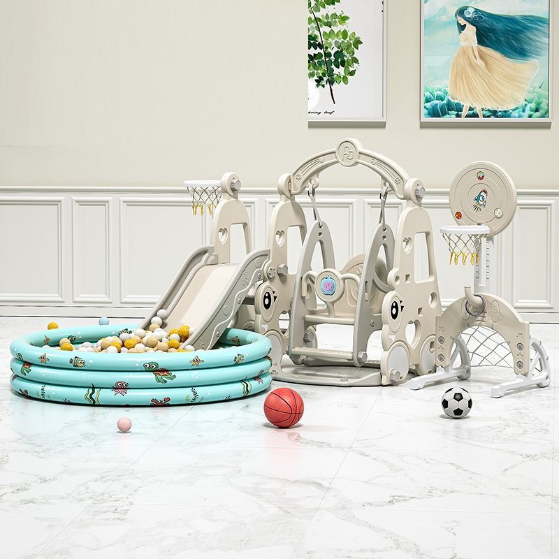 Spatiu de joaca 4 in 1 Nichiduta Garden Happy Turtle Arcada Beige cu tobogan, leagan cu bara de protectie detasabila, jucarie muzicala, cos de baschet, minge, poarta de fotbal, piscina cu 200 bile