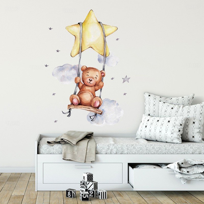 Sticker decorativ pentru copii autoadeziv Ursulet pe leagan 57 x 74 cm – imaginea 3