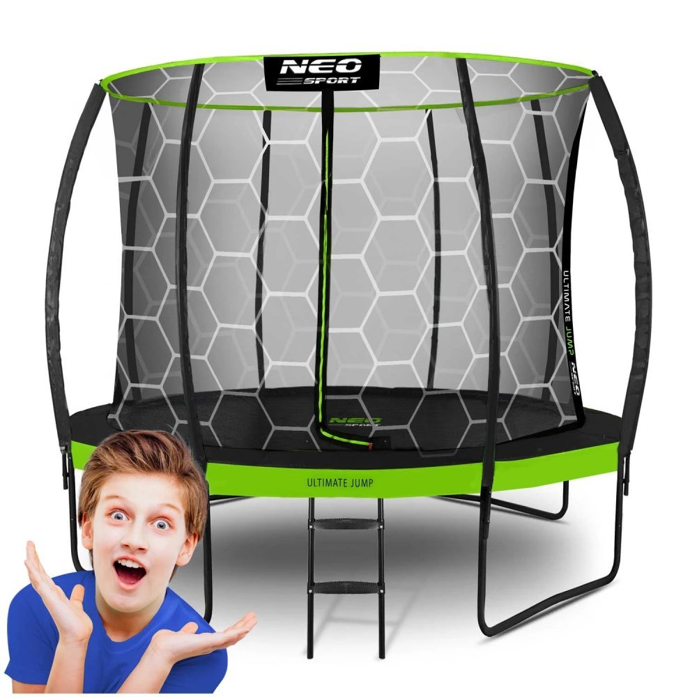 Trambulina de gradina pentru copii Neo-Sport Comb Verde 312cm 10FT,cu Scara si Plasa interioara, Stalpi metalici cu protectie din burete, Intrare cu fermoar si catarama, Covoras impermeabil flexibil – imaginea 3