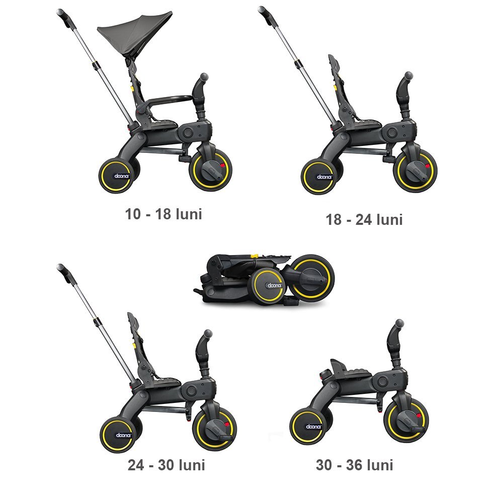 Tricicleta pentru copii Doona Liki Trike S1 Grey Hound ultrapliabila, maner cu control al directiei, spatar reglabil multiple pozitii, cadru de aluminiu, roti din cauciuc Eva, suse detasabile cu spuma de memorie, capotina cu protectie UV – imaginea 5