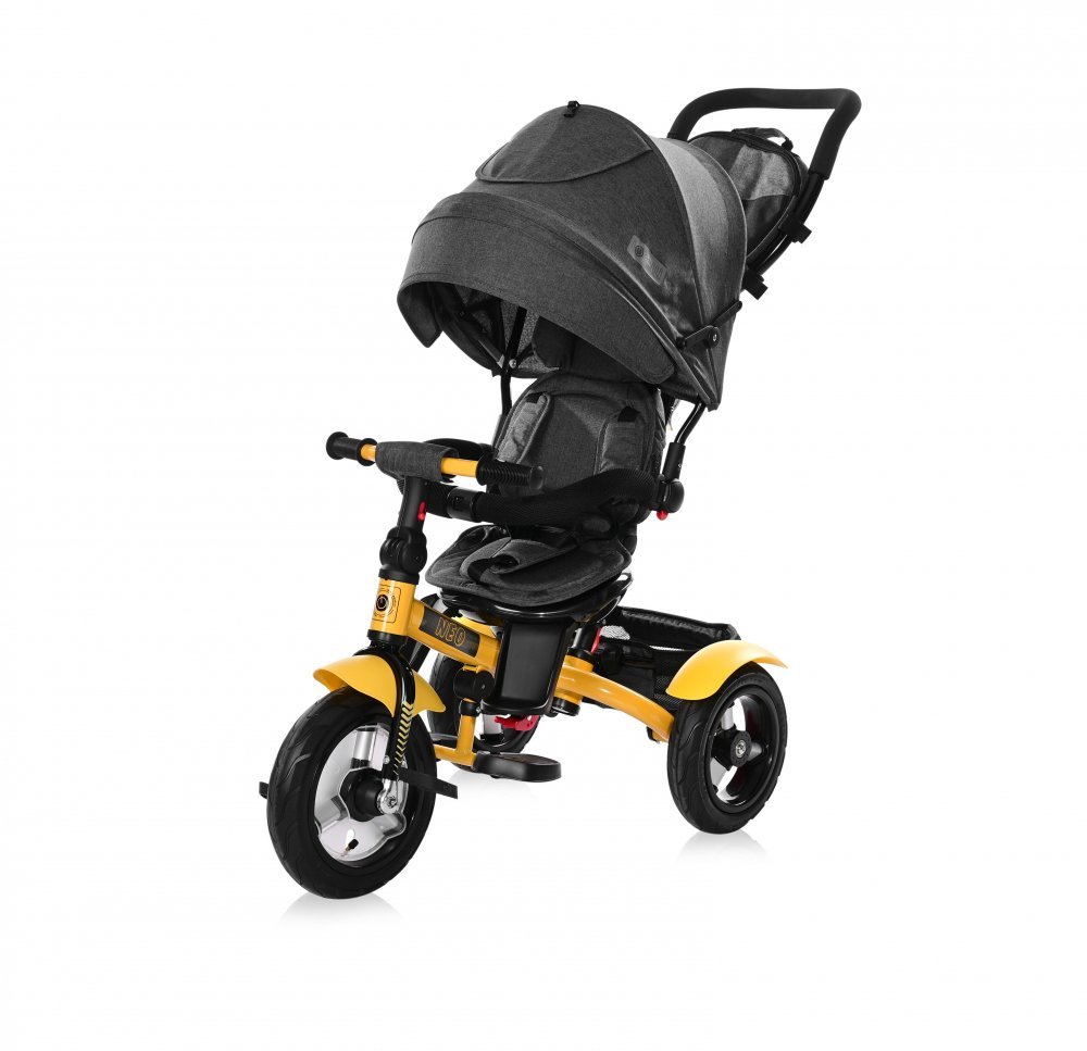 Tricicleta pentru copii Lorelli Neo Air Yellow Black 4 in 1 multifunctionala, roti mari gonflabile, spatar inalt reglabil, sezut rotativ, 2 tipuri de suport pentru picioare si dispozitiv de franare – imaginea 3