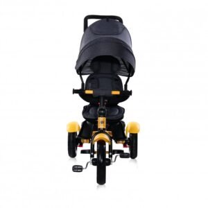 Tricicleta pentru copii Lorelli Neo Air Yellow Black 4 in 1 multifunctionala, roti mari gonflabile, spatar inalt reglabil, sezut rotativ, 2 tipuri de suport pentru picioare si dispozitiv de franare