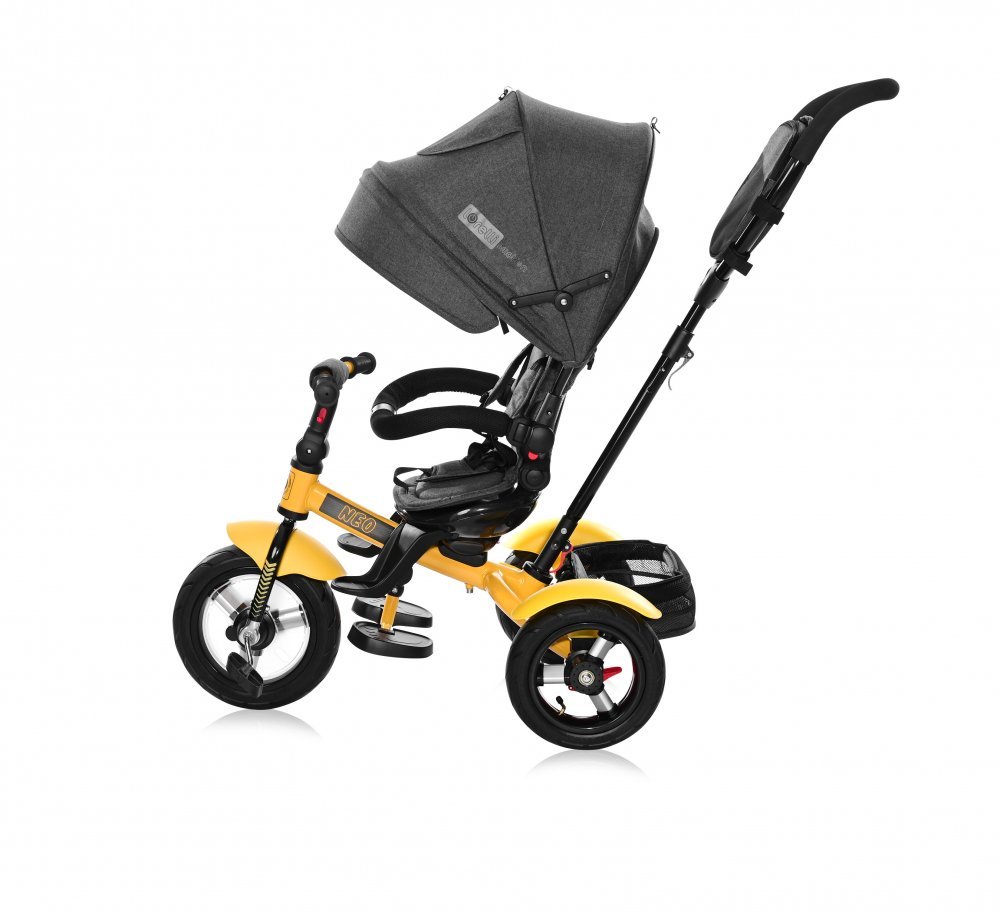Tricicleta pentru copii Lorelli Neo Air Yellow Black 4 in 1 multifunctionala, roti mari gonflabile, spatar inalt reglabil, sezut rotativ, 2 tipuri de suport pentru picioare si dispozitiv de franare – imaginea 2