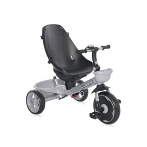 Tricicleta pentru copii Voyage Grey cu sezut reversibil, spatar reglabil pe 2 pozitii, maner cu control al directiei, cosulet pentru accesorii, 2 tipuri de suporti pentru picioare si roti mari din cauciuc Eva