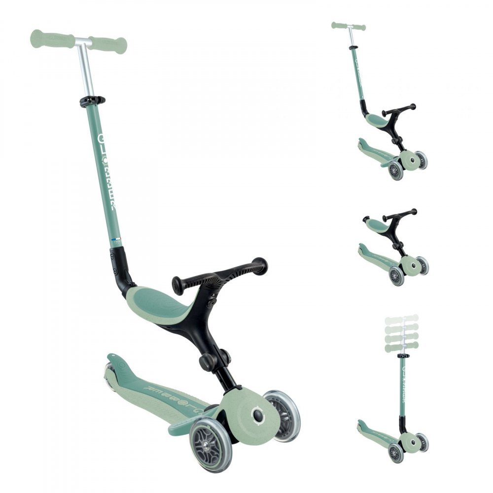 Trotineta 3 in 1 pentru copii Globber Go Up Active Verde Fistic, ecologic, ghidon si scaun ajustabile, rulmenti ABEC 9