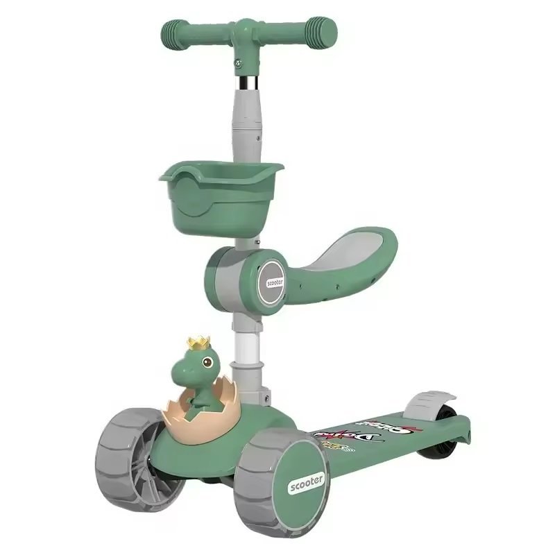 Trotineta pliabila pentru copii, Nichiduta, cu ghidon reglabil in inaltime, cosulet si scaunel detasabile, muzica, roti luminoase LED, frana pe roata din spate, dimensiune 56 x 24 x 72 cm, Green Dino – imaginea 4
