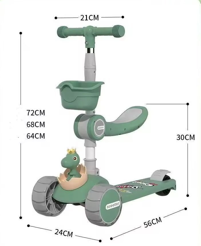 Trotineta pliabila pentru copii, Nichiduta, cu ghidon reglabil in inaltime, cosulet si scaunel detasabile, muzica, roti luminoase LED, frana pe roata din spate, dimensiune 56 x 24 x 72 cm, Green Dino – imaginea 5